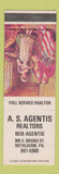 Matchbook Cover - AS Agentis Real Estate Bob Agentis Bethlehem PA
