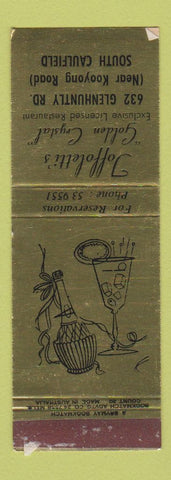 Matchbook Cover Toffoletti Golden Crystal South Caulfield Australia SAMPLE WEAR