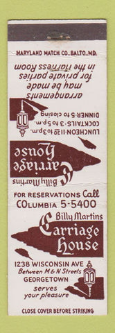 Matchbook Cover - Billy Martins Carriage House Georgetown Washington DC
