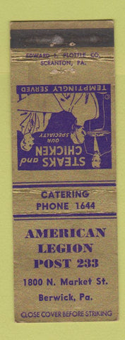 Matchbook Cover - American Legion Post 233 Berwick PA