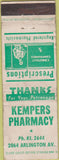 Matchbook Cover - Kempers Pharmacy NO TOWN WORN