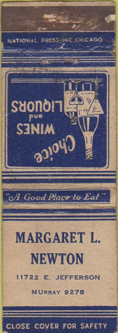 Matchbook Cover - Margaret Newton Liquor NO TOWN WEAR