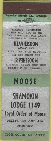 Matchbook Cover - Moose Lodge Shamokin PA