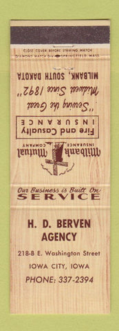 Matchbook Cover - HD Berven Insurance Iowa City IA Milbank Mutual