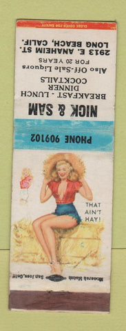 Matchbook Cover - Nick & Sam Restaurant Long Beach CA pinup WEAR