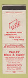 Matchbook Cover - Valley Block and Supply West Middlesex PA WEAR