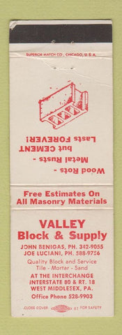 Matchbook Cover - Valley Block and Supply West Middlesex PA WEAR