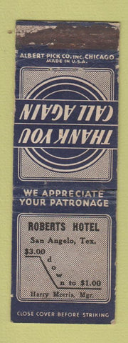 Matchbook Cover - Roberts Hotel San Angelo TX WORN