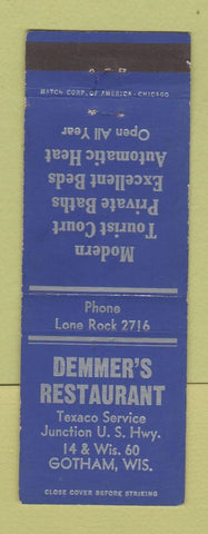 Matchbook Cover - Demmer's Restaurant Gotham WI