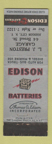 Matchbook Cover - Edison Car Batteries LJ Preston Garage Johnson City NY