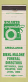 Matchbook Cover - Biehl Malone Funeral Metamora Swanton Lyons OH