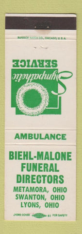 Matchbook Cover - Biehl Malone Funeral Metamora Swanton Lyons OH