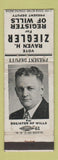 Matchbook Cover - Raven Ziegler Register of Wills Election WORN