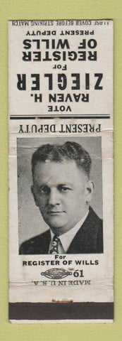 Matchbook Cover - Raven Ziegler Register of Wills Election WORN
