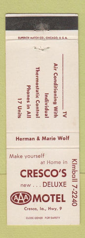 Matchbook Cover - Cresco's Deluxe Motel Cresco IA