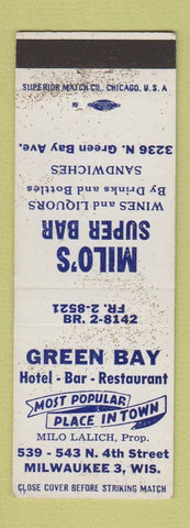 Matchbook Cover - Green Bay Hotel Milwaukee WI Milo's Super Bar WORN