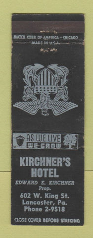Matchbook Cover - Kirchner's Hotel Lancaster PA WEAR