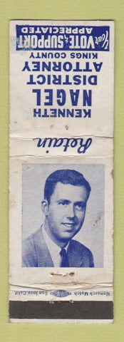 Matchbook Cover - Kenneth Nagel District Attorney Election Kings County WORN
