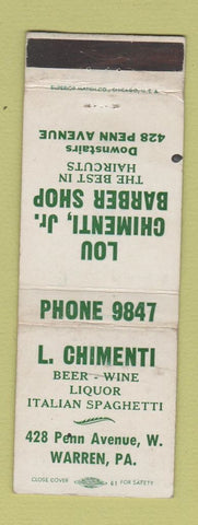 Matchbook Cover - Lou Chimenti Restaurant Barber Shop Warren PA WEAR