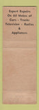 Matchbook Cover - Holz Motors Frigidaire Apopliances Hales Corners WI WEAR