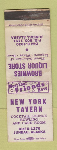 Matchbook Cover - New York Tavern Juneau AK Brownies Liquor WORN