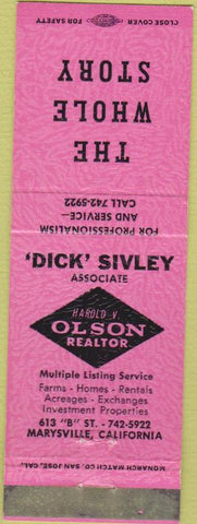 Matchbook Cover - Harold Olsen Realtor Marysville CA pink