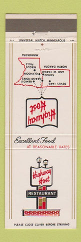 Matchbook Cover - Highway Host Devils Lake Fargo ND Bemidji Fergus Falls MN
