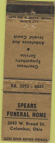 Matchbook Cover - Spears Funeral Home Columbus OH