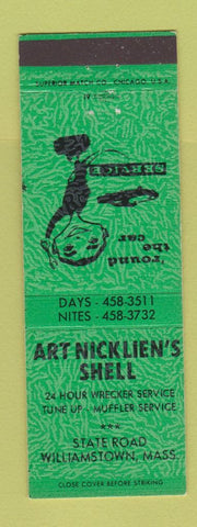 Matchbook Cover - Art Nicklien's Shell oil gas Williamstown MA GREEN