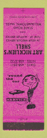 Matchbook Cover - Art Nicklien's Shell oil gas Williamstown MA PINK