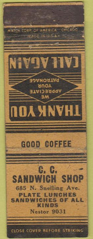 Matchbook Cover - CC Sandwich Shop NO TOWN WORN