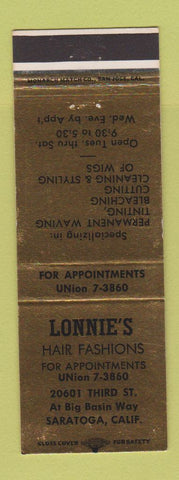 Matchbook Cover - Lonnie's Hair Salon Saratoga CA