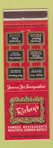 Matchbook Cover - Rickey's Restaurants Palo Alto San Francisco Salinas CA