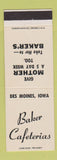 Matchbook Cover - Baker Cafeterias Des Moines IA