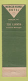 Matchbook Cover - Mercer Humes Hotel Mercer PA