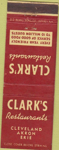 Matchbook Cover - Clark's Restaurant Cleveland Akron Erie OH