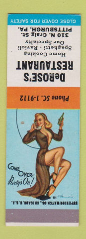 Matchbook Cover - DeRose's Restaurant Pittsburgh PA pinup SAMPLE