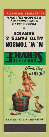Matchbook Cover - MW Tomson Auto Parts Des Moines IA pinup SAMPLE