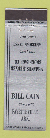 Matchbook Cover Bill Cain McManus Heryer Brokerage American Cans Fayetteville AR