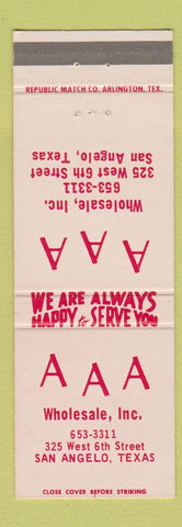 Matchbook Cover - AAA Wholesale San Angelo TX