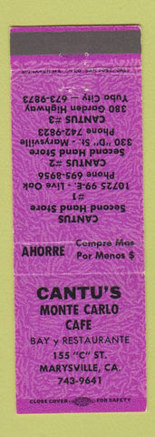 Matchbook Cover - Cantu's Monte Carlo Cafe Marysville CA girlie