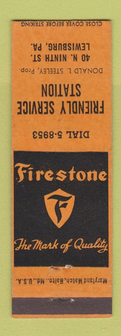 Matchbook Cover - Firestone Tires Friendly Service oil gas Lewisburg PA ORANGE