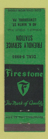 Matchbook Cover - Firestone Tires Friendly Service oil gas Lewisburg PA GREEN