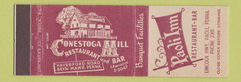Matchbook Cover - Paoli Inn Restaurant Bar Conestoga Bryn Mawr PA