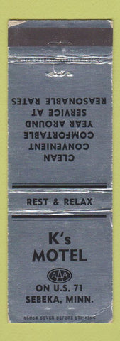 Matchbook Cover - K's Motel Sebeka MN WORN