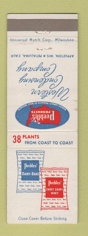 Matchbook Cover - Peebles' Dairy Bake Whey Condensing Petalua CA Appleton WI