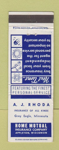 Matchbook Cover - AJ Rhoda Insurance Home Mutual Grey Eagle MN WEAR