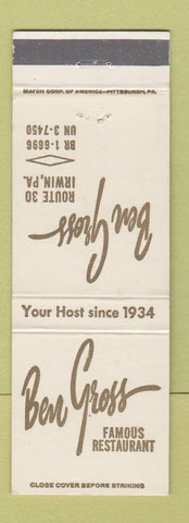 Matchbook Cover - Ben Gross Restaurant Irwin PA