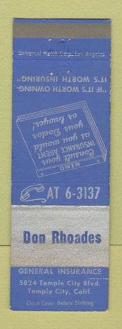 Matchbook Cover - Don Rhoades Insurance Temple City CA