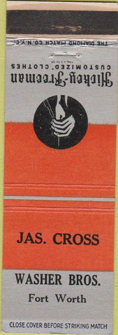 Matchbook Cover - Hickey Freeman clothes men's Jas Cross Fort Worth TX